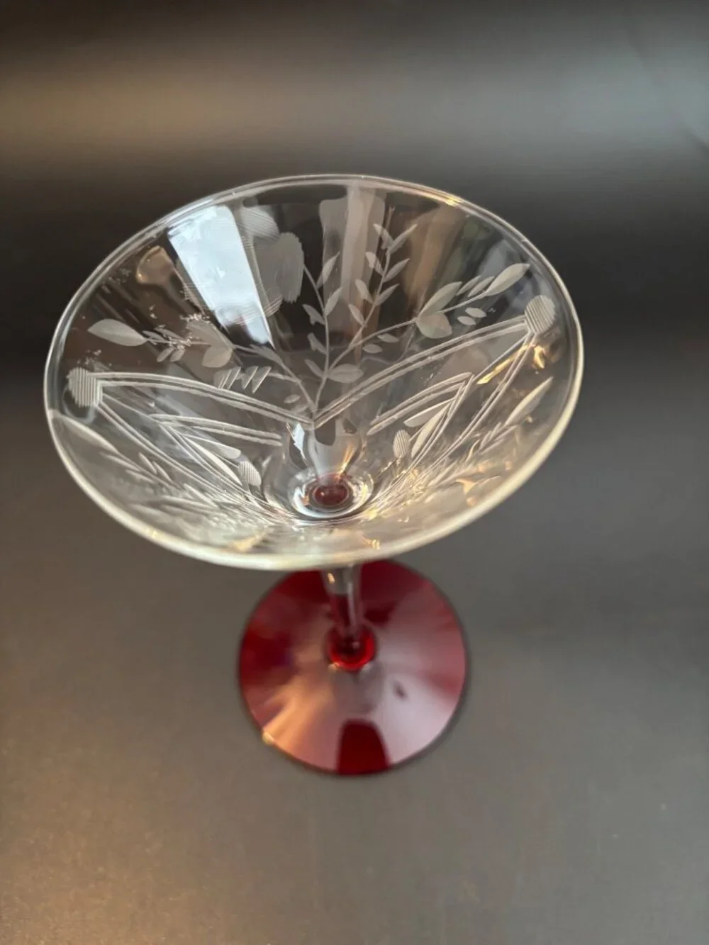 Vintage Etched Crystal Martini Glass With Ruby Red Base Floral Design Elegant Ba